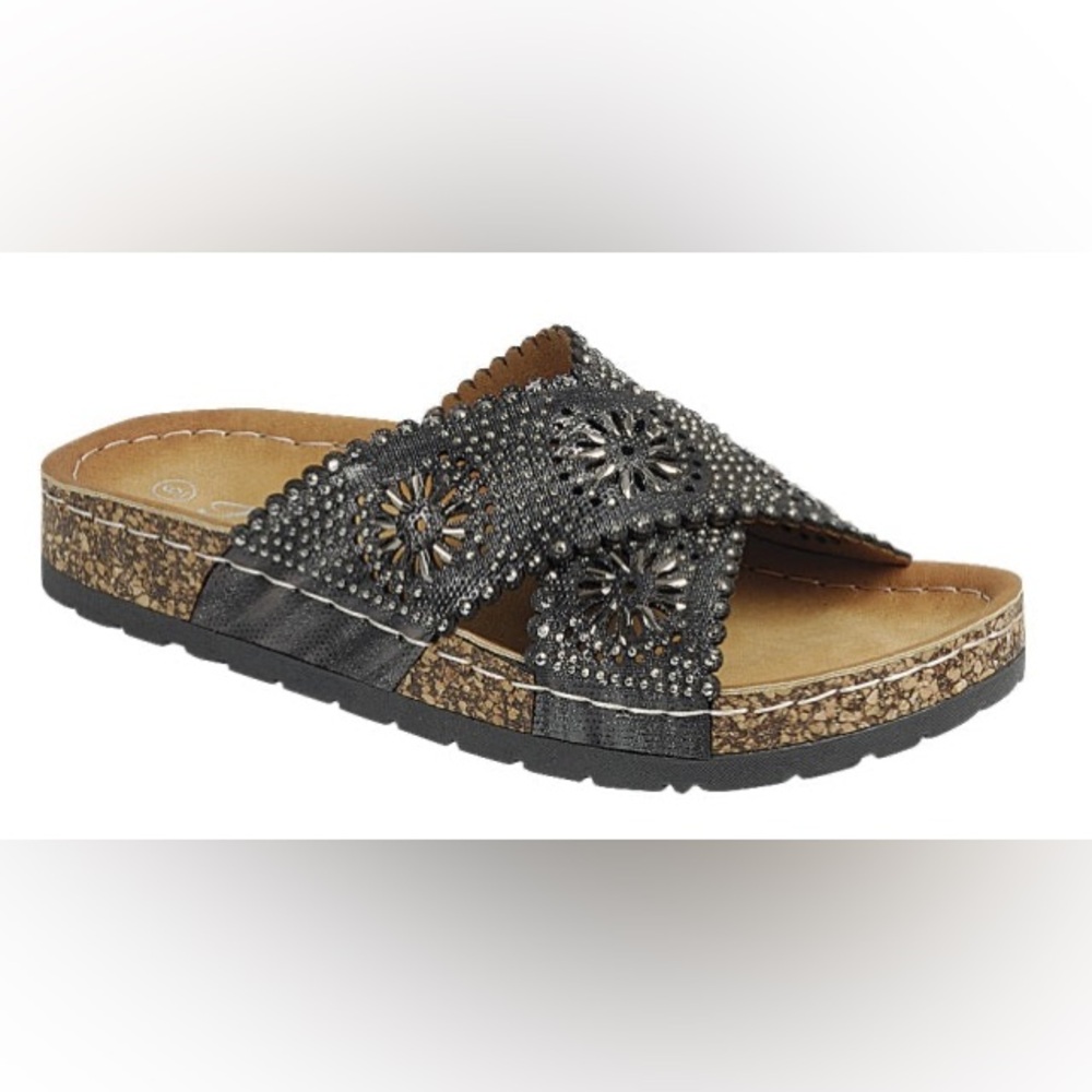 Criss Cross Black Slide Sandals Cork Open Toe 
Various Sizes